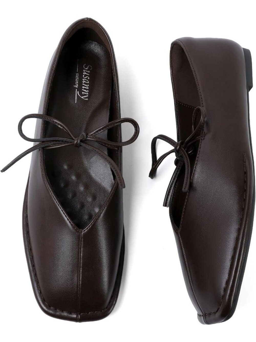 Women Chocolate Brown Square Toe Strap Ballet Flat Lace Up Bow Comfortable Shoes
